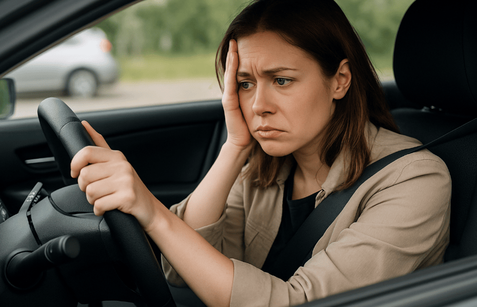 jeune femme brune au volant d'une voiture, louée chez RentalCars, qui ne démarre pas