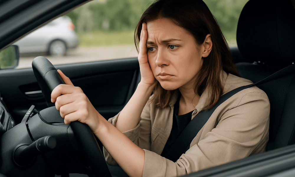 jeune femme brune au volant d'une voiture, louée chez RentalCars, qui ne démarre pas