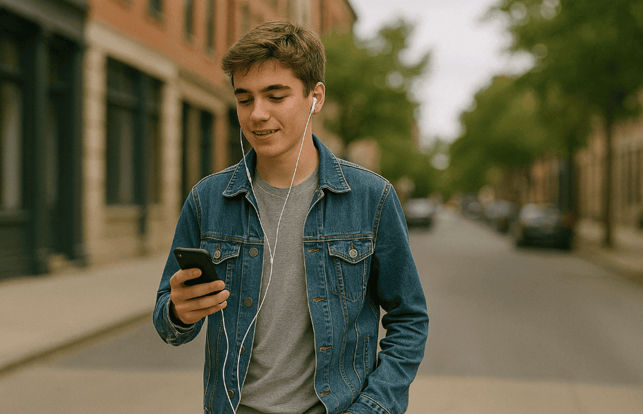 adolescent marchant dans la rue en écoutant Spotify depuis son smartphone