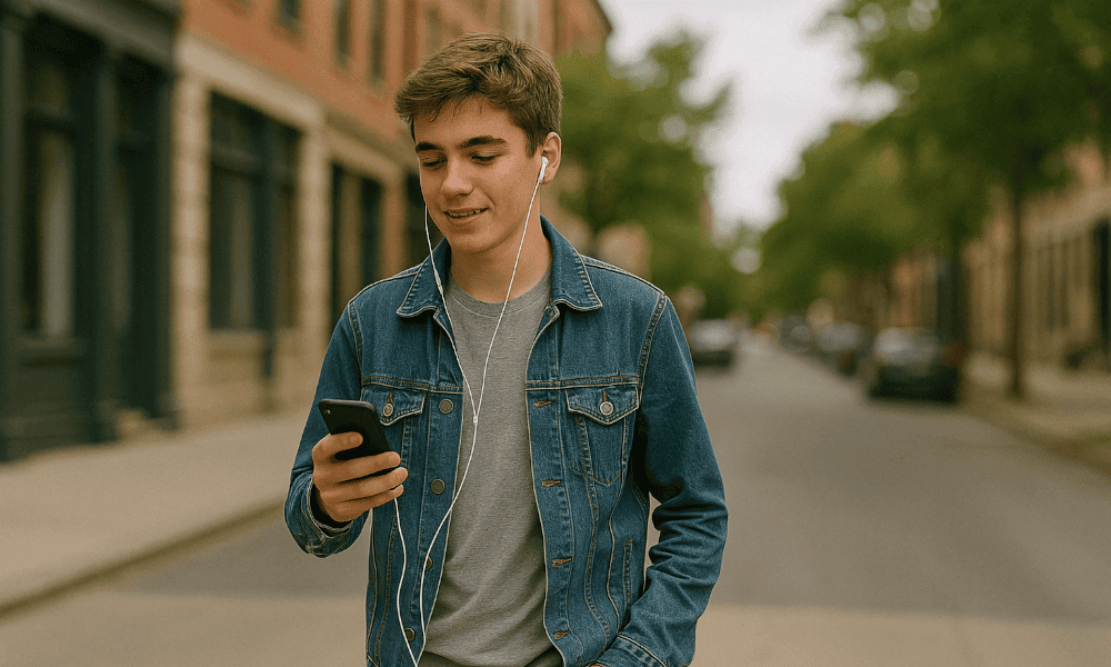 adolescent marchant dans la rue en écoutant Spotify depuis son smartphone