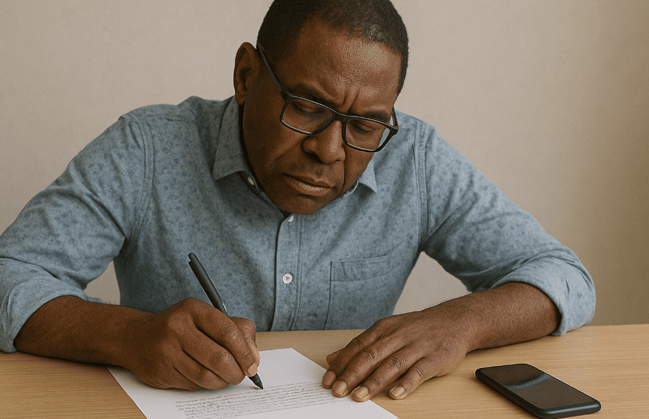 homme noir avec des lunette en train de rédiger une lettre de réclamation pour TADAAM
