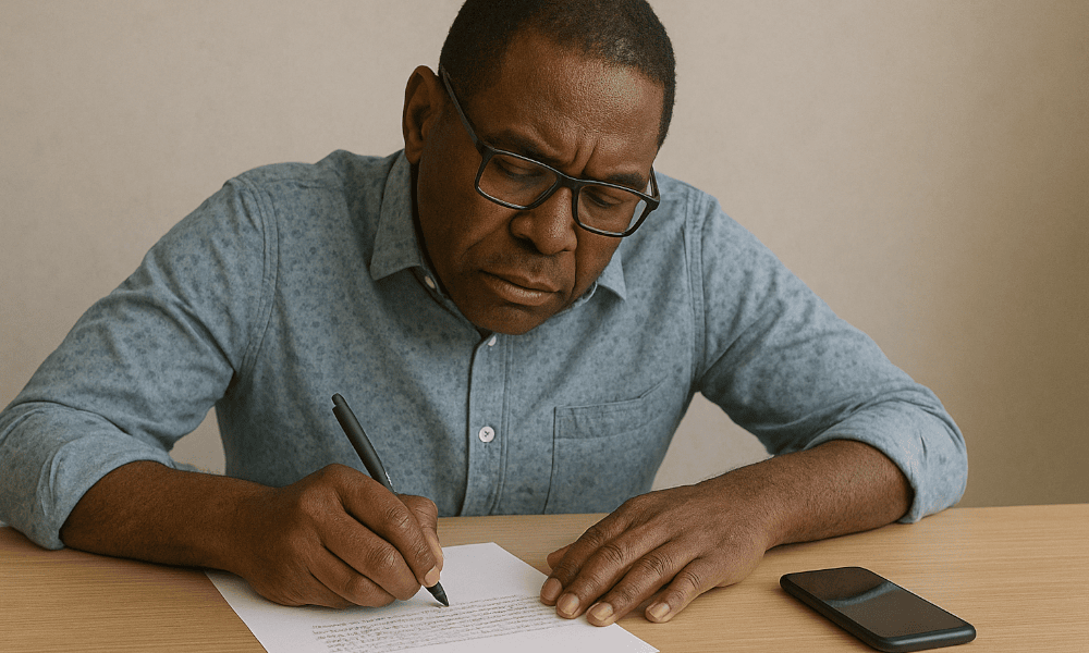 homme noir avec des lunette en train de rédiger une lettre de réclamation pour TADAAM