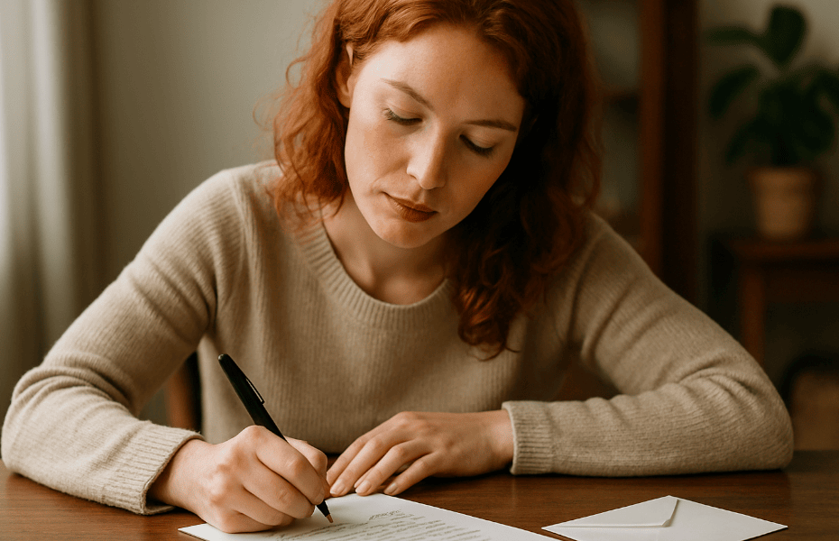 femme rousse en train de rédiger une lettre de réclamation à la main
