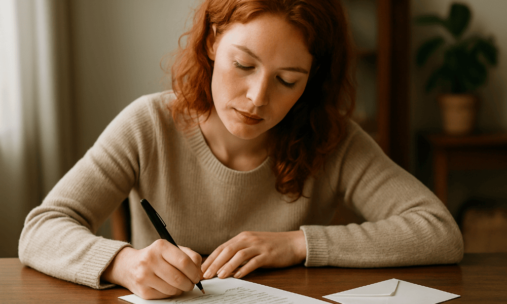 femme rousse en train de rédiger une lettre de réclamation à la main