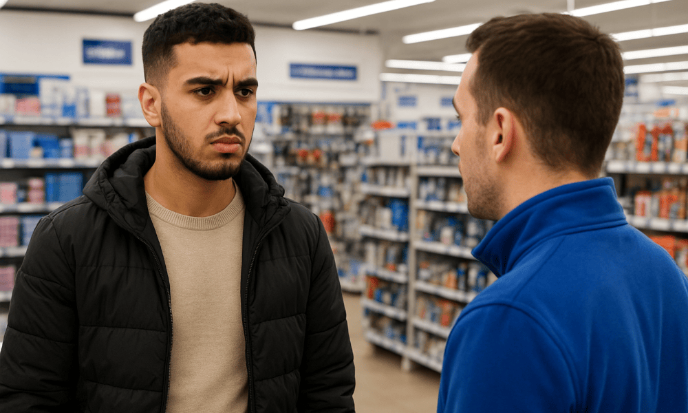 jeune homme en train de se plaindre à un membre du personnel d'un magasin Action