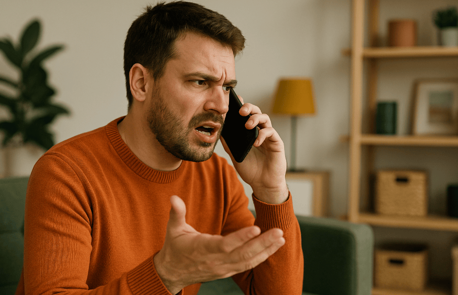 homme faisant une réclamation à Bancontact par téléphone