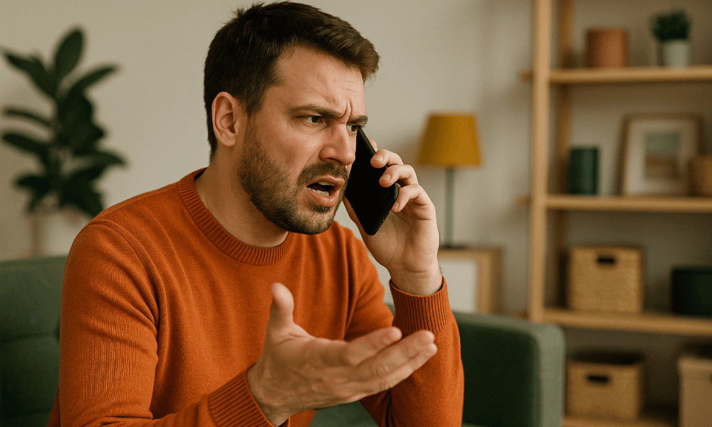 homme faisant une réclamation à Bancontact par téléphone