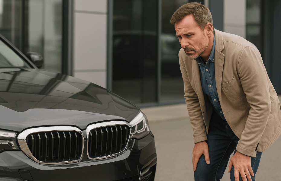 homme constatant un défaut sur sa voiture BMW