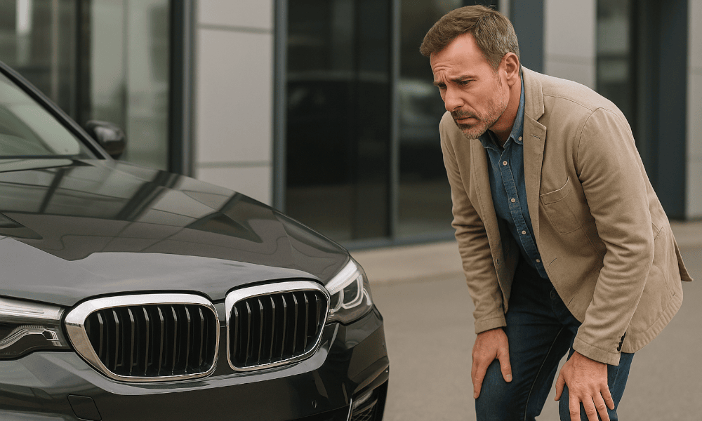 homme constatant un défaut sur sa voiture BMW