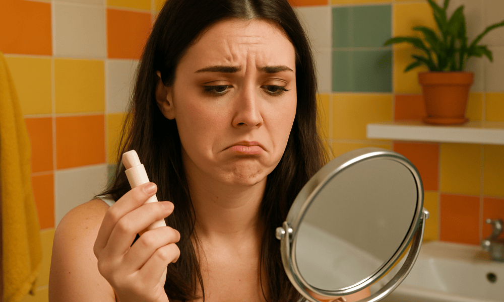 jeune femme déçue après avoir appliqué du maquillage Cent Pur Cent
