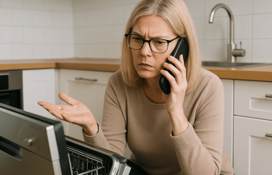 femme devant son lave-vaisselle défectueux, au téléphone avec le SAV Electrolux