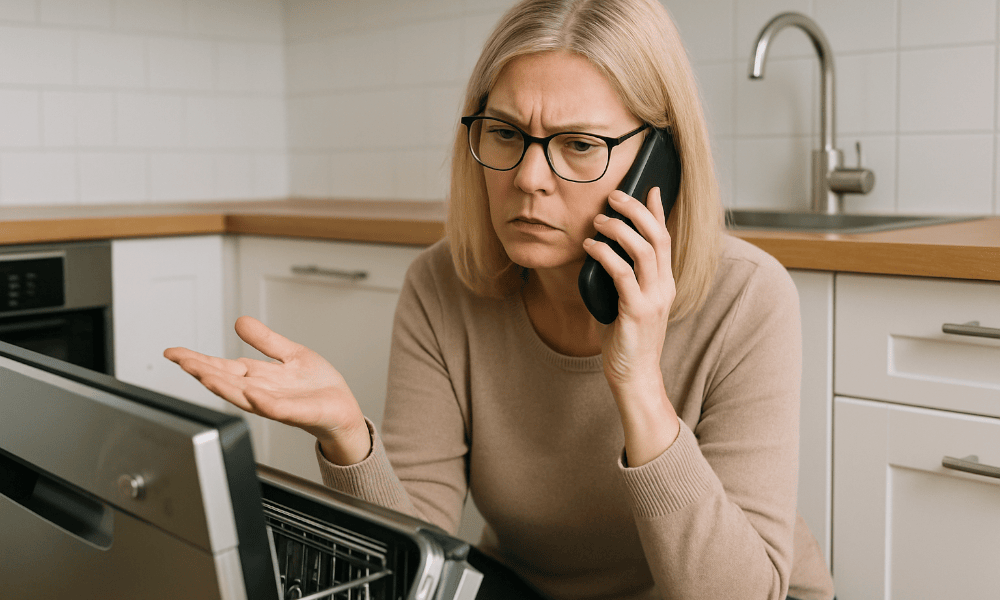 femme devant son lave-vaisselle défectueux, au téléphone avec le SAV Electrolux