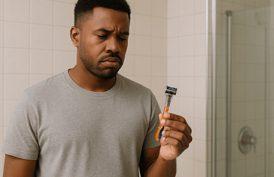 homme, avec un air déçu, tenant un rasoir Gillette dans sa main