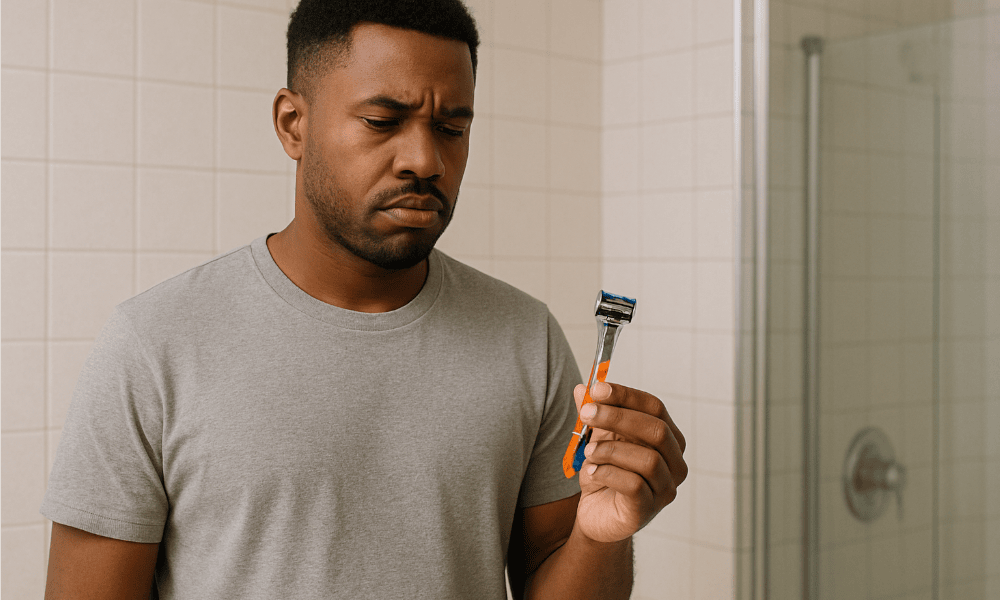 homme, avec un air déçu, tenant un rasoir Gillette dans sa main