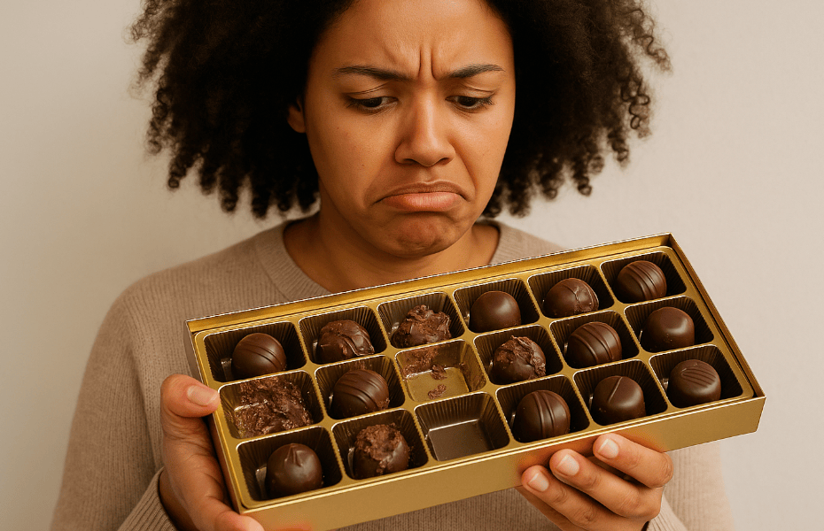 femme mécontente tenant une boîte de chocolats Godiva avec des chocolats abimés et manquants
