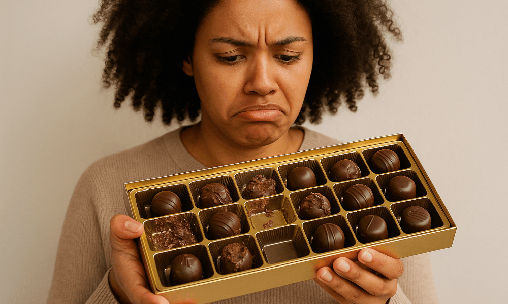 femme mécontente tenant une boîte de chocolats Godiva avec des chocolats abimés et manquants