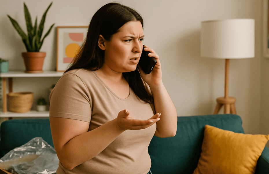 femme se plaignant au téléphone au service client d'Imprevu Belgium