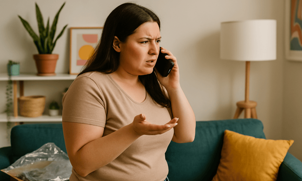 femme se plaignant au téléphone au service client d'Imprevu Belgium