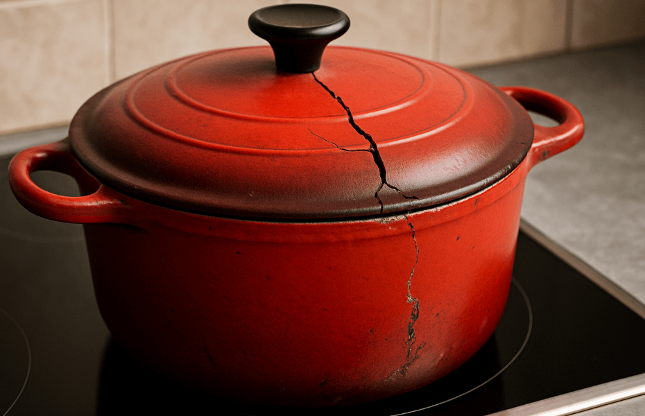 cocotte de la marque Le Creuset avec des fissures