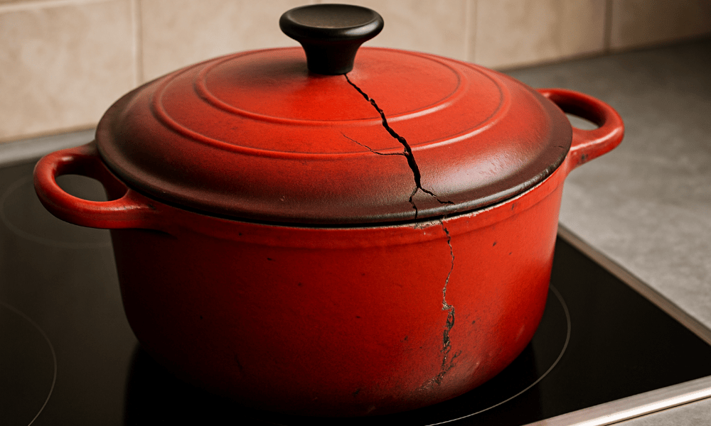 cocotte de la marque Le Creuset avec des fissures