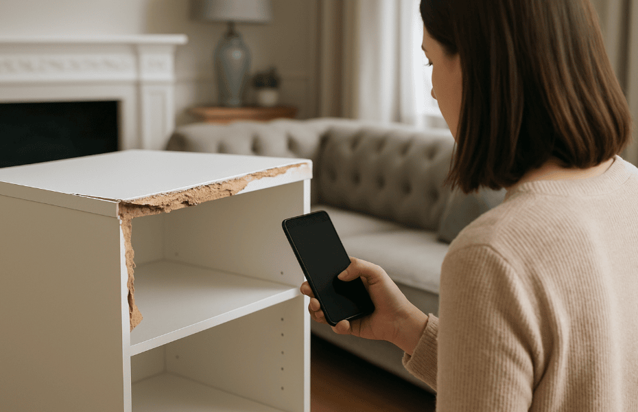femme s'apprêtant à prendre une photo d'un meuble Maisons du Monde livré en mauvais état