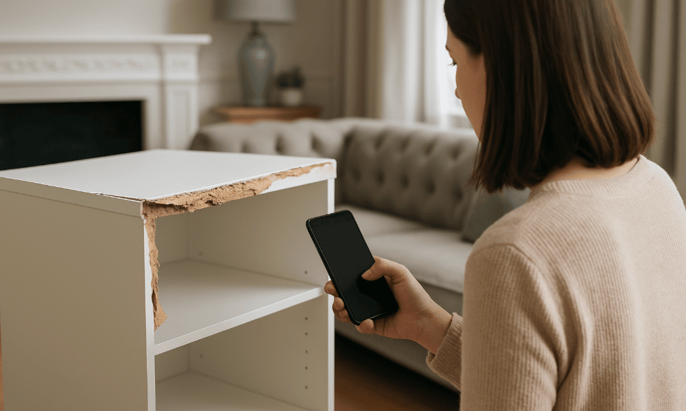 femme s'apprêtant à prendre une photo d'un meuble Maisons du Monde livré en mauvais état