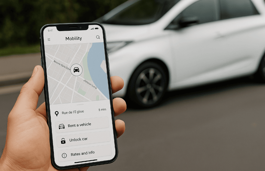 main d'une personne tenant son smartphone avec l'application Mobilize ouverte