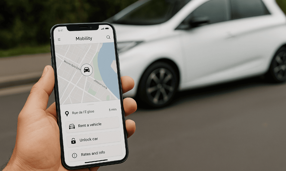 main d'une personne tenant son smartphone avec l'application Mobilize ouverte