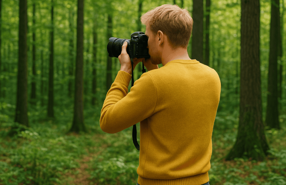 homme prenant des photos dans une forêt, avec son appareil photo Canon