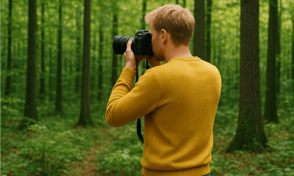 homme prenant des photos dans une forêt, avec son appareil photo Canon