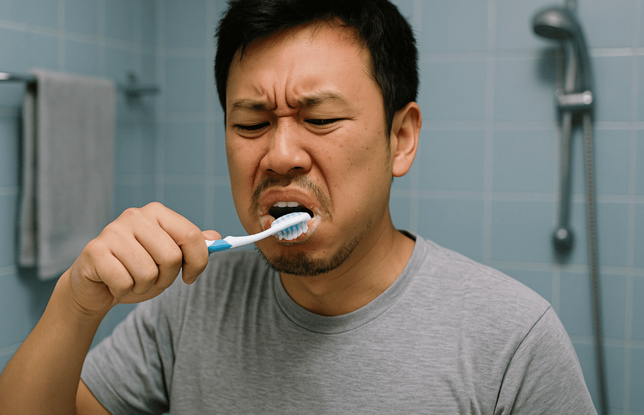 homme se brossant les dents avec un dentifrice Colgate ayant mauvais goût