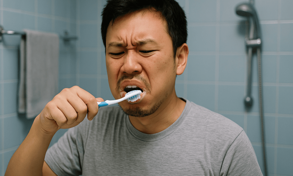 homme se brossant les dents avec un dentifrice Colgate ayant mauvais goût
