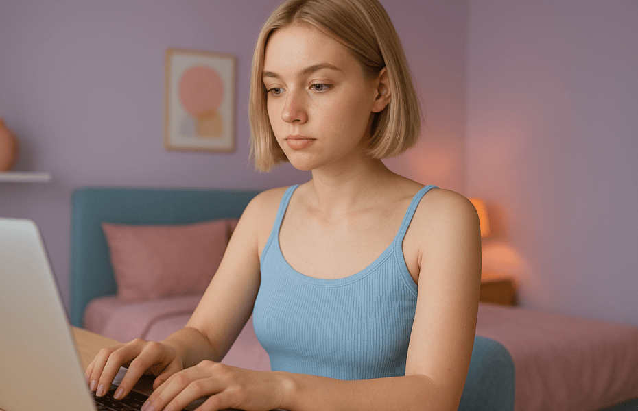 jeune femme faisant une réclamation à Disney+ depuis son ordinateur portable