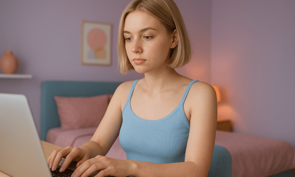 jeune femme faisant une réclamation à Disney+ depuis son ordinateur portable