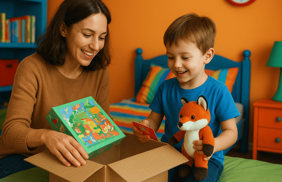 petit garçon et sa mère en train d'ouvrir un colis de jouets Fox & Cie