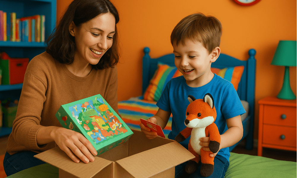 petit garçon et sa mère en train d'ouvrir un colis de jouets Fox & Cie