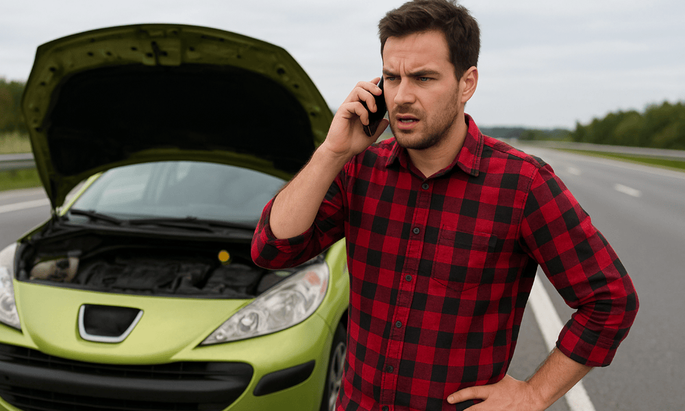 homme au téléphone avec le service client Peugeot car sa voiture est en panne