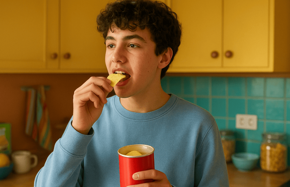 adolescent en train de manger des Pringles dans sa cuisine