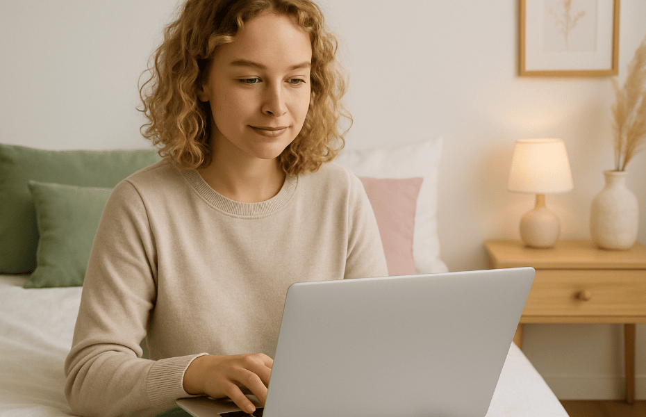 jeune femme en train de déposer un avis sur une plateforme en ligne depuis son ordinateur portable