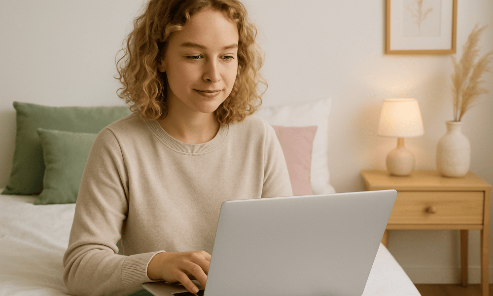 jeune femme en train de déposer un avis sur une plateforme en ligne depuis son ordinateur portable