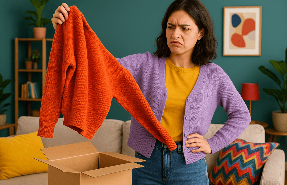 femme déçue par un pull orange commandé sur Amazon