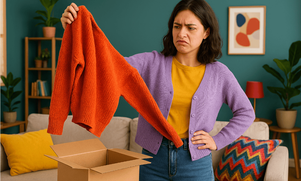 femme déçue par un pull orange commandé sur Amazon