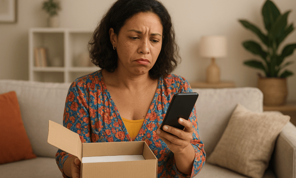 femme ayant l'air déçu d'un smartphone livré par Back Market