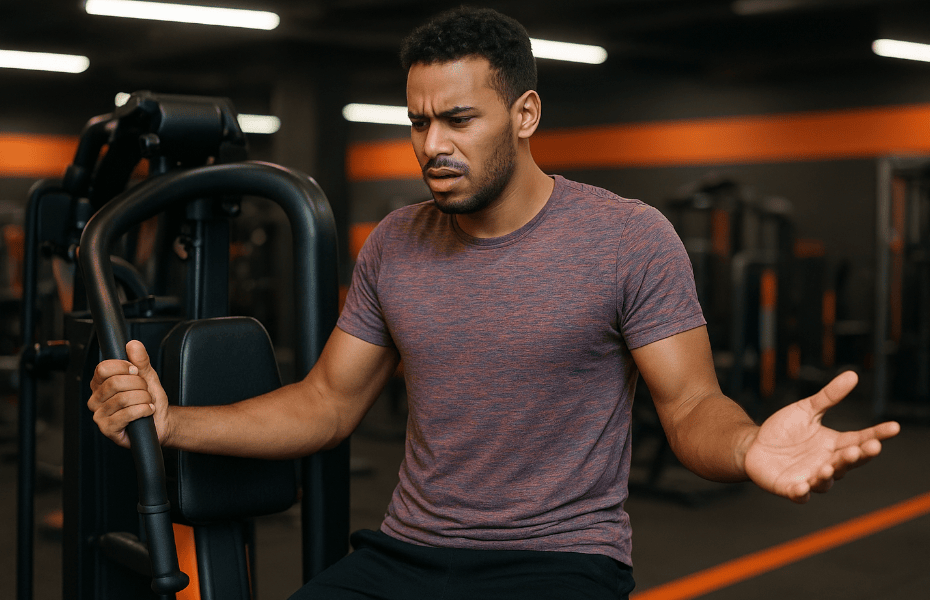 homme constatant qu'une machine est cassée dans sa salle Basic-Fit