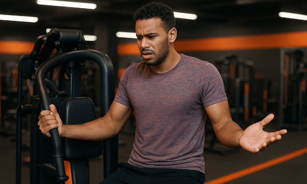 homme constatant qu'une machine est cassée dans sa salle Basic-Fit