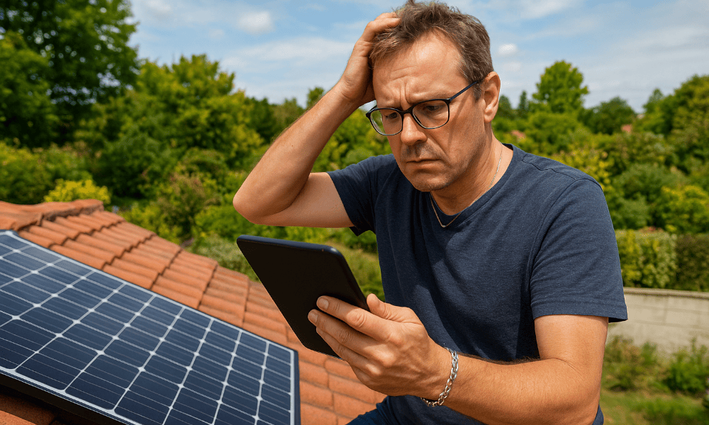 homme sur son toit avec des panneaux solaires en train de faire une réclamation à Belga Solar depuis sa tablette tactile