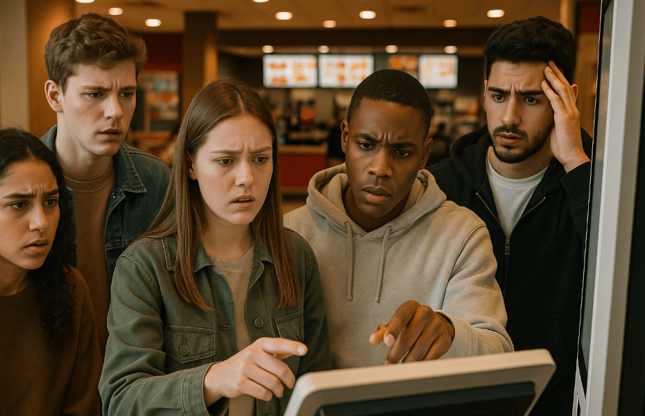 groupe de 5 amis rencontrant un souci technique sur une borne dans un Burger King
