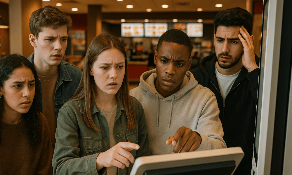 groupe de 5 amis rencontrant un souci technique sur une borne dans un Burger King
