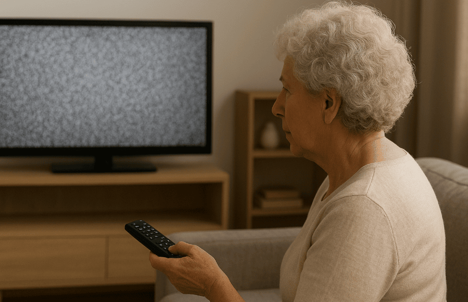femme âgée qui rencontre un problème de diffusion avec la chaîne BX1 sur sa télévision