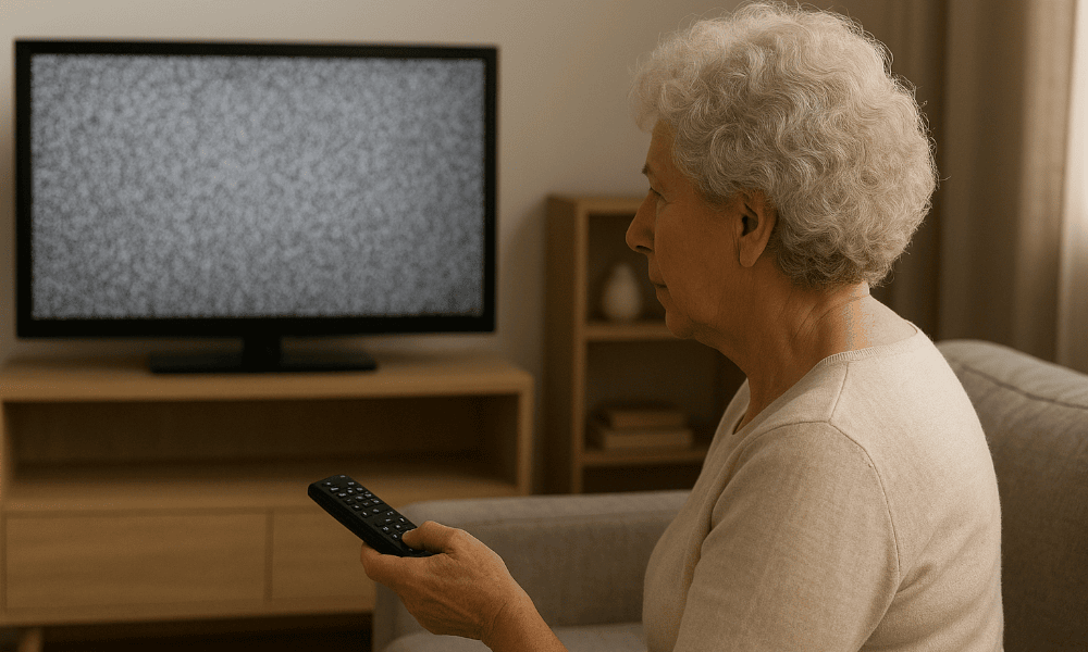 femme âgée qui rencontre un problème de diffusion avec la chaîne BX1 sur sa télévision